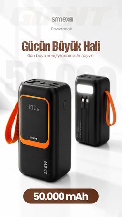 50.000 mAh 22.5W PD Hızlı Şarj Kablolu Powerbank Dijital Göstergeli Fenerli Taşınabilir Kamp Cihazı