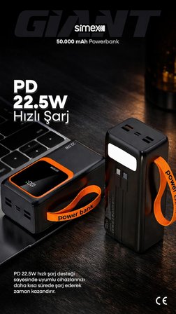50.000 mAh 22.5W PD Hızlı Şarj Kablolu Powerbank Dijital Göstergeli Fenerli Taşınabilir Kamp Cihazı