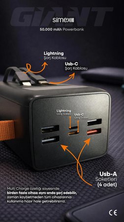 50.000 mAh 22.5W PD Hızlı Şarj Kablolu Powerbank Dijital Göstergeli Fenerli Taşınabilir Kamp Cihazı