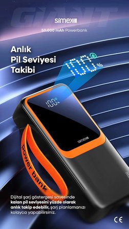 50.000 mAh 22.5W PD Hızlı Şarj Kablolu Powerbank Dijital Göstergeli Fenerli Taşınabilir Kamp Cihazı