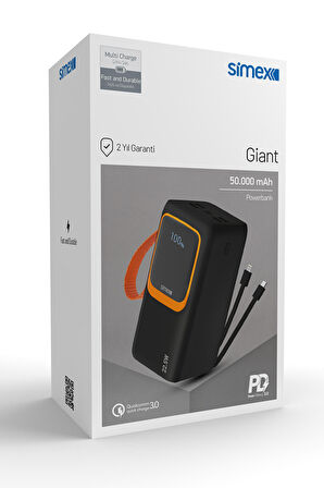 Simex S-35 Giant 50.000 Mah Prime Dijital Göstergeli Fener Hızlı Şarj Çoklu Kablo Powerbank,Taşınabilir Şarj Cihazı