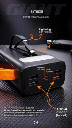 30.000 mAh 22.5W Hızlı Şarj Kablolu PD Powerbank Led Fener ve Dijital Göstergeli Taşınabilir Cihazı