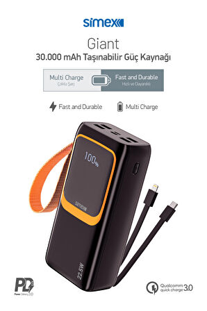 Simex S-36 Giant 30.000 Mah Prime Dijital Göstergeli Hızlı Şarj Fener Çoklu Kablo Powerbank,Taşınabilir Şarj Cihazı