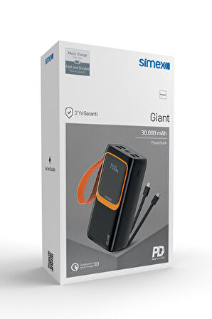 Simex S-36 Giant 30.000 Mah Prime Dijital Göstergeli Hızlı Şarj Fener Çoklu Kablo Powerbank,Taşınabilir Şarj Cihazı