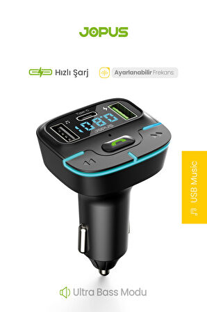 Jopus F9 Araç Fm Transmitter 5.3 Bluetooth Araç Kiti Usb Type-C Hızlı Şarj Çıkışlı Çakmaklık Girişli