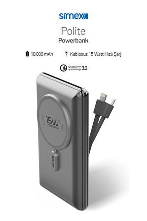 Hızlı Şarj Temassız MagSafe PowerBank 22,5W 10000mAh Dahili Kablolu Simex S-38 Polite