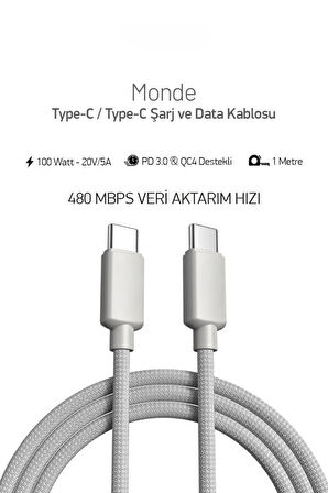 PDAteknoloji 100W Örgülü Type C to Type C SPK-10 Monde 1mt Data ve Şarj Kablosu