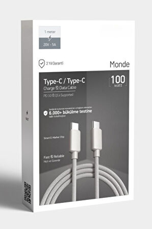 PDAteknoloji 100W Örgülü Type C to Type C SPK-10 Monde 1mt Data ve Şarj Kablosu