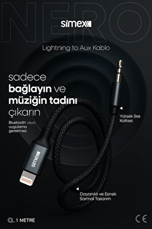 Simex Iphone Lightning To 3.5mm Kumaş Aux Ses Kablosu Stereo Destekli 1.1m Nero
