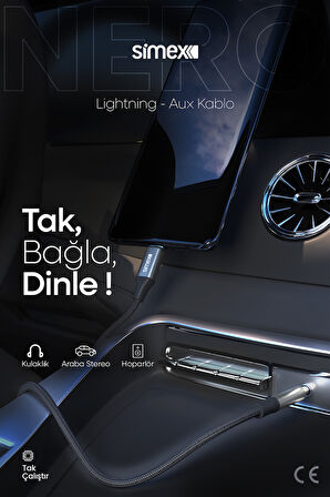 Simex Iphone Lightning To 3.5mm Kumaş Aux Ses Kablosu Stereo Destekli 1.1m Nero