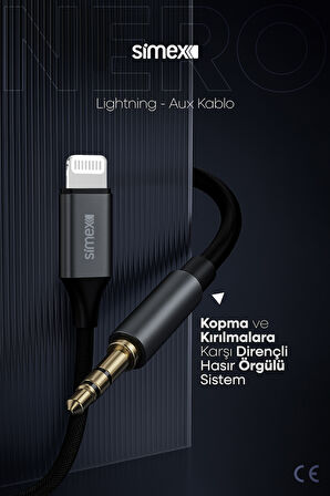 Simex Iphone Lightning To 3.5mm Kumaş Aux Ses Kablosu Stereo Destekli 1.1m Nero