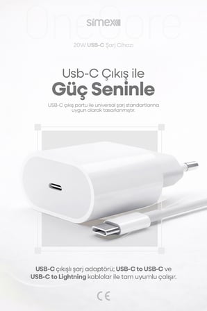 iPhone X-11-12-13-14 Serileri iPad & Airpods Uyumlu USB-C 20W Hızlı Şarj Başlığı CE Belgeli SPS-15
