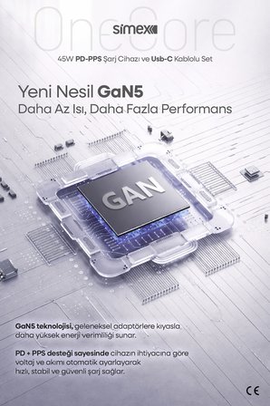Simex Samsung S22-S23-S24-S25-S26 Uyumlu 45W USB-C Şarj Seti Aleti Cihazı Adaptörü 5A Kablo SPS-18