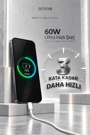 iPhone Samsung Xiaomi Uyumlu 60W TYPE-C to TYPE-C Hızlı Şarj Kablosu 3A Carplay Destekli 1M Beyaz 
