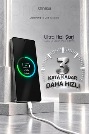 iPhone Uyumlu 12W USB To Lightning Hızlı Şarj Kablosu 2.4A Carplay Destekli 1M Beyaz 
