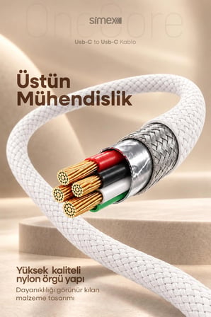 iPhone Samsung Xiaomi Uyumlu 60W TYPE-C to TYPE-C Örgülü Hızlı Şarj Kablosu 3A Carplay Destekli 1M Beyaz 