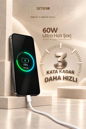 iPhone Samsung Xiaomi Uyumlu 60W TYPE-C to TYPE-C Örgülü Hızlı Şarj Kablosu 3A Carplay Destekli 1M Beyaz 