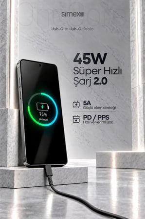 iPhone Samsung Xiaomi Uyumlu 45W TYPE-C to TYPE-C Hızlı Şarj Kablosu 5A Carplay Destekli 1M Siyah