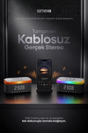 15W Kablosuz Şarj Standlı Bluetooth Hoparlör Yüksek Sesli TWS Ledli Speaker Taşınabilir Dijital Saat