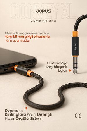 3.5mm Aux To 3.5mm Aux Ses Kablosu Stereo Destekli Örgülü 2 Metre