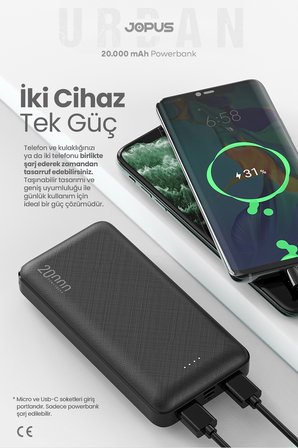 20000mAh Powerbank - Led Işık Göstergeli - Taşınabilir Şarj Cihazı - Siyah JP-P10A