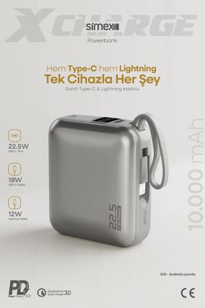 10.000 mAh 22.5W Hızlı Şarj PD Powerbank Kendinden Kablolu ve Dijital Göstergeli Taşınabilir Cihazı