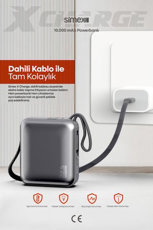 10.000 mAh 22.5W Hızlı Şarj PD Powerbank Kendinden Kablolu ve Dijital Göstergeli Taşınabilir Cihazı