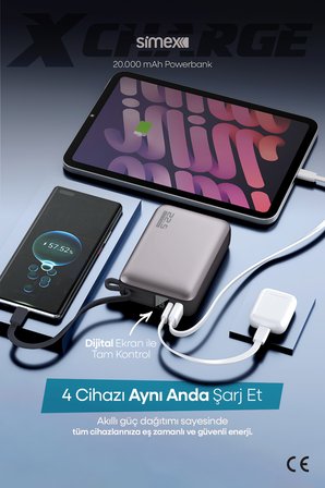 20.000 mAh 22.5W Hızlı Şarj PD Powerbank Kendinden Kablolu ve Dijital Göstergeli Taşınabilir Cihazı
