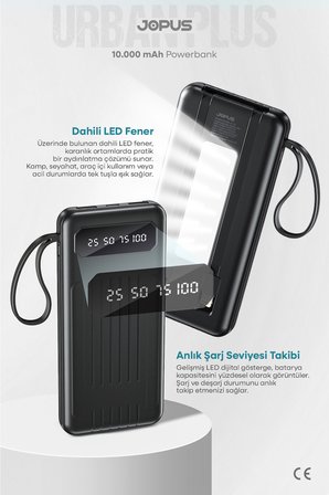 10000mAh Powerbank Dahili Kablolu, LCD Ekranlı, LED Lambalı, Taşınabilir Şarj Cihazı JP-P11