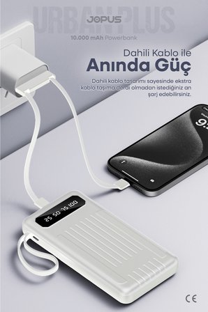 10000mAh Powerbank Dahili Kablolu, LCD Ekranlı, LED Lambalı, Taşınabilir Şarj Cihazı JP-P11