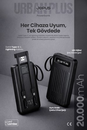 20000mAh PowerBank Dahili Kablolu, LCD Ekranlı, LED Lambalı, Taşınabilir Şarj Cihazı - JP-P11A