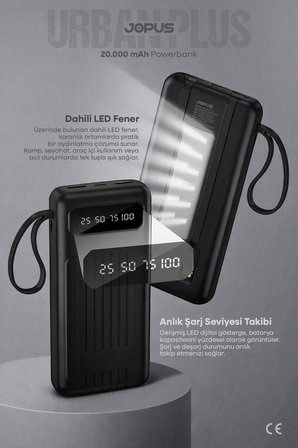20000mAh PowerBank Dahili Kablolu, LCD Ekranlı, LED Lambalı, Taşınabilir Şarj Cihazı - JP-P11A