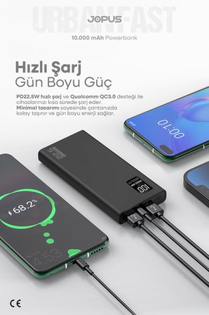 10000mAh PowerBank PD 22.5W Hızlı Şarj - Dijital Ekranlı - Taşınabilir Şarj Cihazı - Siyah JP-P12