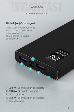 10000mAh PowerBank PD 22.5W Hızlı Şarj - Dijital Ekranlı - Taşınabilir Şarj Cihazı - Siyah JP-P12