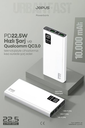 10000mAh PowerBank PD 22.5W Hızlı Şarj - Dijital Ekranlı - Taşınabilir Şarj Cihazı - Beyaz JP-P12
