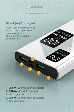 10000mAh PowerBank PD 22.5W Hızlı Şarj - Dijital Ekranlı - Taşınabilir Şarj Cihazı - Beyaz JP-P12