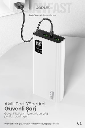 20000mAh PowerBank PD 22.5W Hızlı Şarj - Dijital Ekranlı - Taşınabilir Şarj Cihazı - Beyaz JP-P12