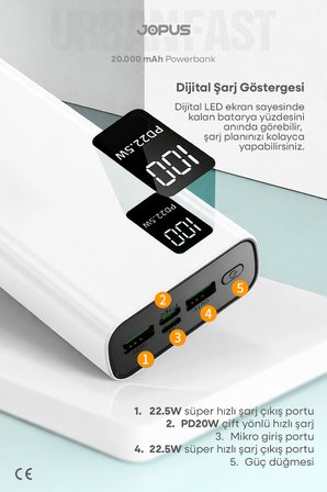 20000mAh PowerBank PD 22.5W Hızlı Şarj - Dijital Ekranlı - Taşınabilir Şarj Cihazı - Beyaz JP-P12