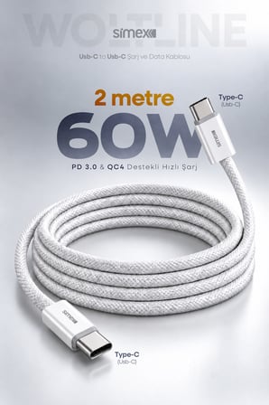 Type-C to Type-C 2 Metre Kablo 60W Süper Hızlı Şarj iPhone Samsung Xiaomi Oppo Uyumlu