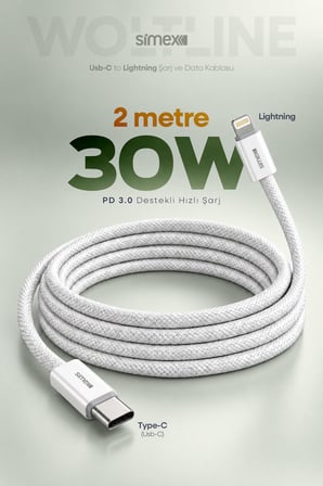 Type-C to Lightning 2 Metre Kablo 30W PD Hızlı Şarj iPhone 11 12 13 14 Uyumlu