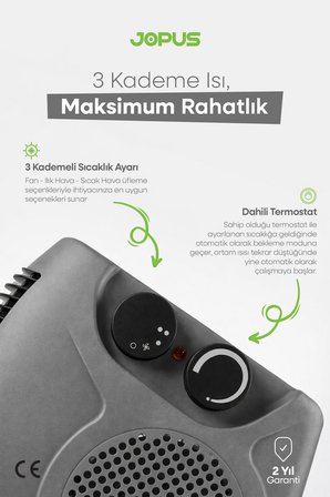2000W Elektrikli Fanlı Isıtıcı,Termostatlı,Sıcak-Soğuk Hızlı Isıtma, 25 m² Alan Kapasitesi,Antrasit