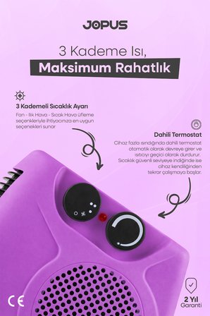 2000W Elektrikli Fanlı Isıtıcı, Termostatlı, Sıcak-Soğuk Hızlı Isıtma, 25 m² Alan Kapasitesi - Lila