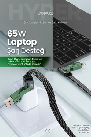 4in1 65W PD Hızlı Şarj Kablosu iPhone Android Uyumlu Type C Lightning Kumaş Örgü Data Pro 1.5 Metre