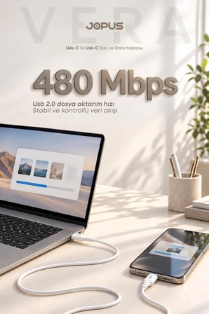 iPhone Samsung Xiaomi Oppo Uyumlu 60W Type-C To Type-C Hızlı Şarj Kablosu 1 Metre Beyaz
