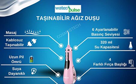 Waterpulse Water Flosser V500 Kablosuz Taşınabilir Ağız Duş Bakım Seti Pembe