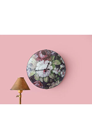 Floral Rose Cam Plastik Duvar Saati 35 Cm Pembe