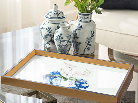 English Home Bleu Blanc Cam Dekoratif Tepsi Gold