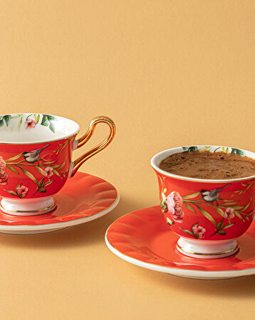 English Home Vanilla New Bone China 4 Parça 2 Kişilik Kahve Fincan Takımı Kırmızı