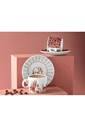 English Home Elephant Porselen 4 Parça 2 Kişilik Kahve Fincan Takımı 80 ml Bordo