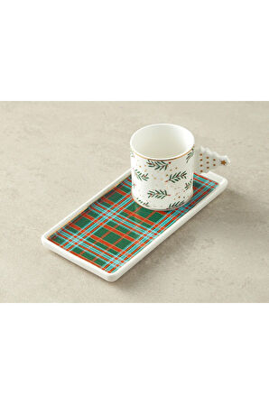 Christmas Tree New Bone China Tepsili Kahve Fincan Takımı Kırmızı